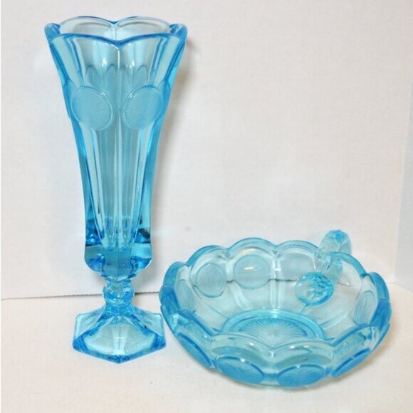 Fostoria Other - Vintage Aqua Blue Fostoria Coin Vase And Candy Dish With Handle